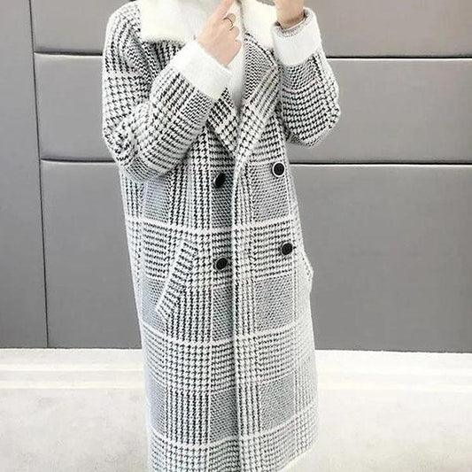 Thickened Plush Coats Women's Mid-length Sweater Cardigans Female Autumn and Winter Large Size Loose Plaid Coats