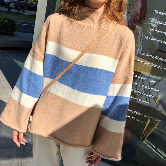 Autumn and Winter Thickening Color Matching High-necked Female Students Striped Bottoming Sweater Lazy Wind Loose Top Sweater