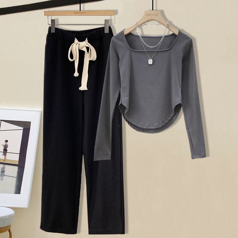 2PCS Women's Loose Wide-leg Pants Suit Slim Long-sleeved T-shirt + Loose Trousers Casual Two-piece Set Jogging Suits for Girl