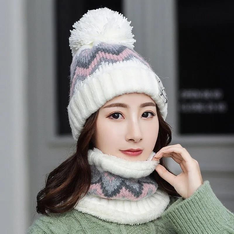 Winter Hat Bib Suit Plus Velvet Thick Warm Knitted Wool Hat Outdoor Windproof Mask Bib One for Women