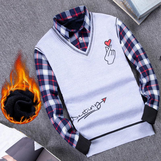 Autumn and Winter Men's Sweater Shirt Fake Two-piece Plus Velvet Thick Knit Sweater Slim Pullover for Teenagers