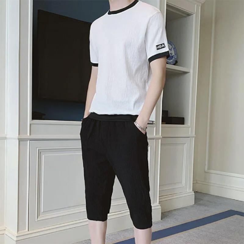 Ice Silk Suit Men's Summer Loose Large Size Leisure Sports A Whole Set of Tide Brand Men's Short-sleeved Cropped Pants Two-piece Set