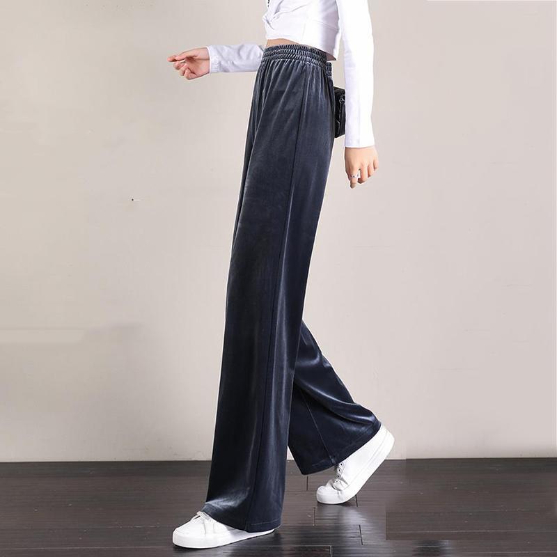 WTEMPO Women's High Waist Soild Color Trousers Wide-leg Pants Super Long Straight Loose Casual Elastic Waist