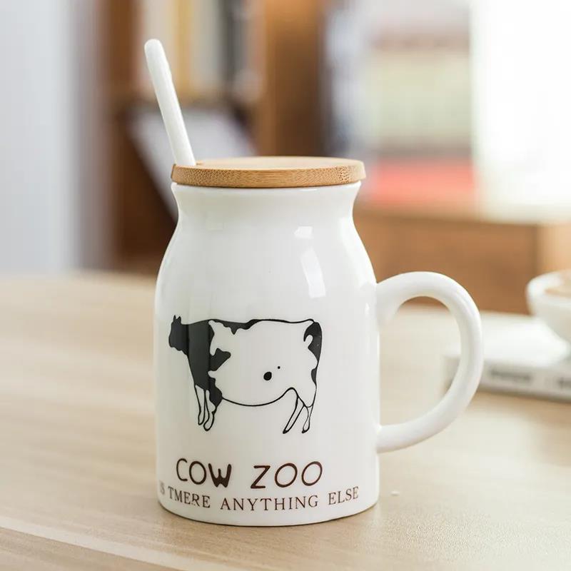 Ceramic Water Cup Children's Cup Breakfast Milk Milk Tea Cup Female Mug with Lid Spoon Student Drinking Cup Home