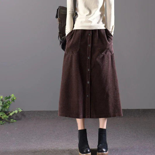 Corduroy A-line Skirt Women Loose Fall/winter Single-breasted Plus Size Skirt High-waisted Corduroy Long Skirt with Pockets