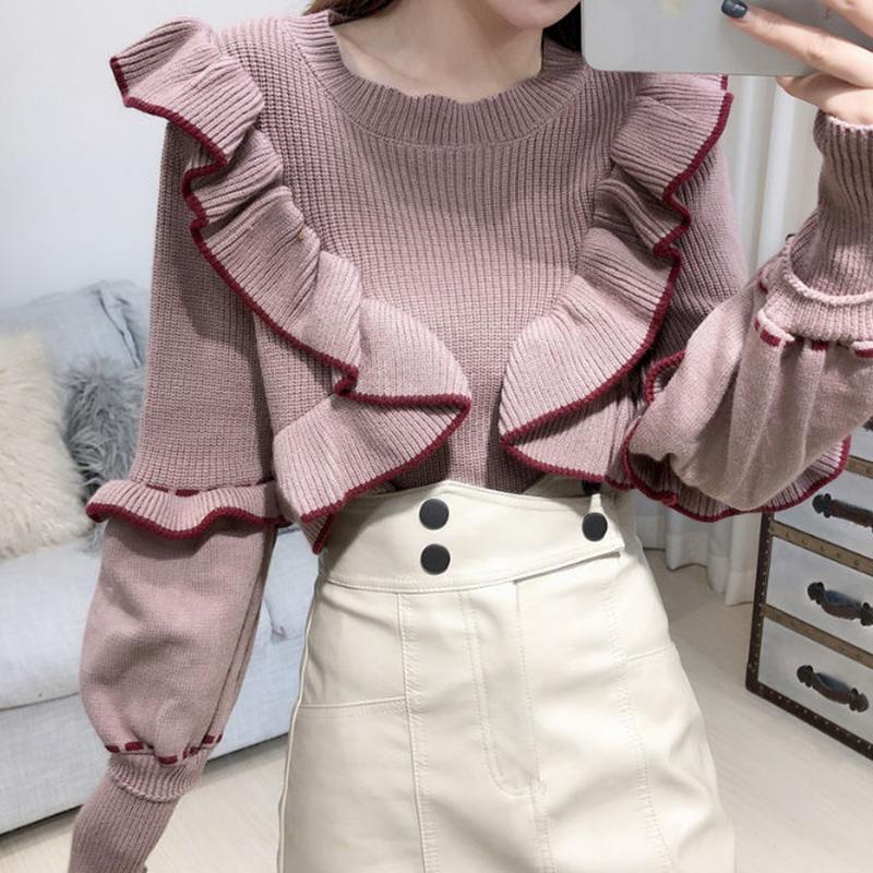 Autumn  Winter Sweater Women's Knit Sweater Round Neck Pullover Fashion Ruffled Wild Long-sleeved Bottoming Shirt