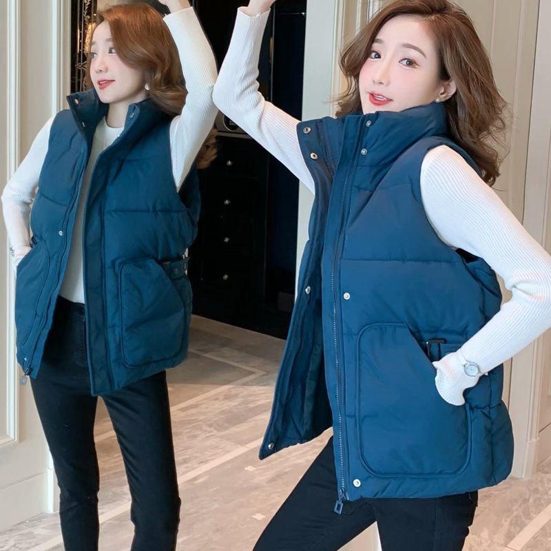 Autumn and Winter Solid Color Casual Down Cotton Vest Korean Version Loose Large Size Stand Collar Thickened Female Jacket