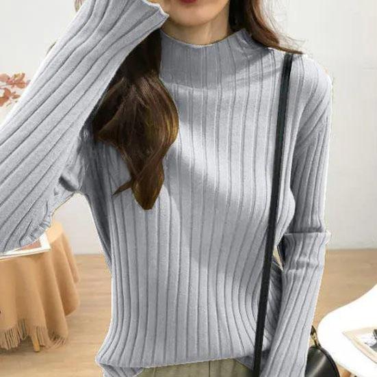 Women's Winter Half High Collar Bottomed Sweater Female Autumn Striped Versatile Loose Elastic Solid Color Sweater