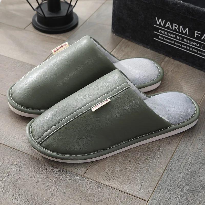 Women Winter Slippers Leather Waterproof Thick Warm Slipper Home Indoor Non Slip Mens Slides Plus Size