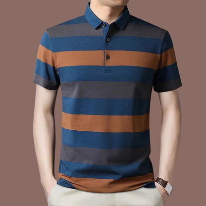 Summer Men's Short-sleeved Lapel T-shirt Striped Sweater Button Polo Shirt Middle-aged Youth Top