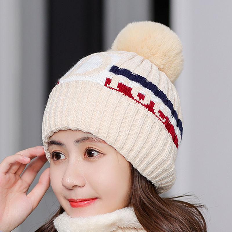 Winter Hat Fur PomPoms Ball Knitted Hats Scarf Set Women Beanie Hat Thick Skullies Female Cap