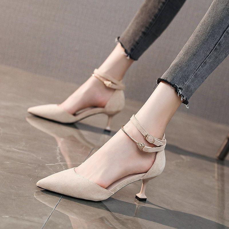 Spring  Summer Mid-heel 7cm High-heeled Shoes Women's Stiletto Pointed Toe Toe Sandals One-word Buckle Hollow Single Shoes