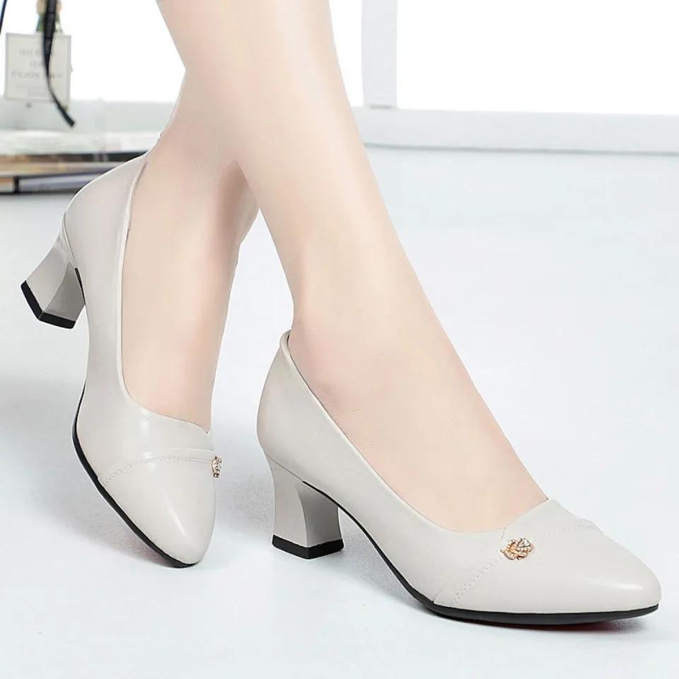 High Heels Single Shoes Women's Leather Shoes Spring and Summer Mid-heel Chunky Heels Casual Shoes Pointed Shoes