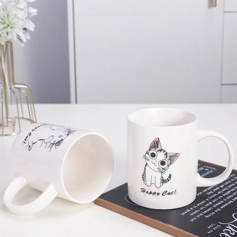 Cheese Cat Cup Male and Female Students Korean Cute Drinking Cup Ceramic Mug with Lid with Spoon Cartoon Private House Cat