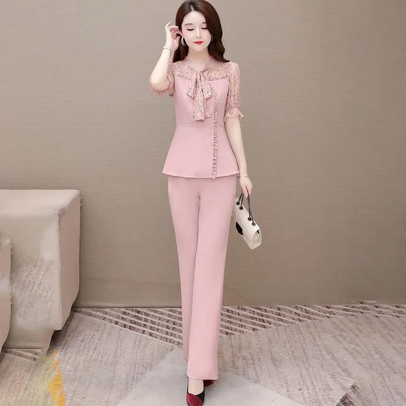 Women's Chiffon Set Slim Body Elegant Temperament Two-piece Drape Wide-leg Pants Lace Chiffon Short-sleeved Shirt Professional Suit