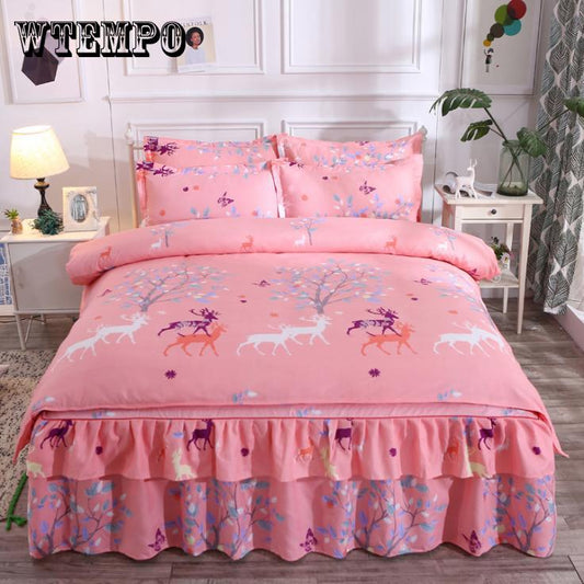 Printing Comforter Family Set Bed Skirt Sheet Microfiber Bedclothes Bedspread