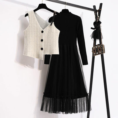 Base Dress Spring and Autumn Women's Dress Two-piece Suit Suspenders Small Black Dress with A Long Skirt and Elegant Temperament