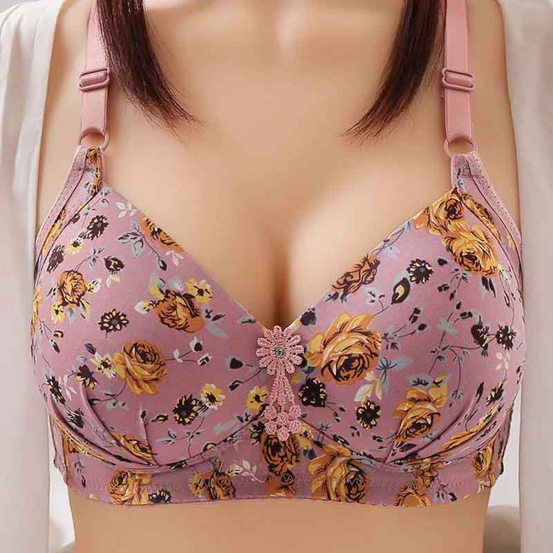 Peony Print Thin Large Size No Steel Ring Beautiful Back Bra Gather Side Breast Bras Anti-sagging Three-Row Three-Button Sexy Comfortable Bra