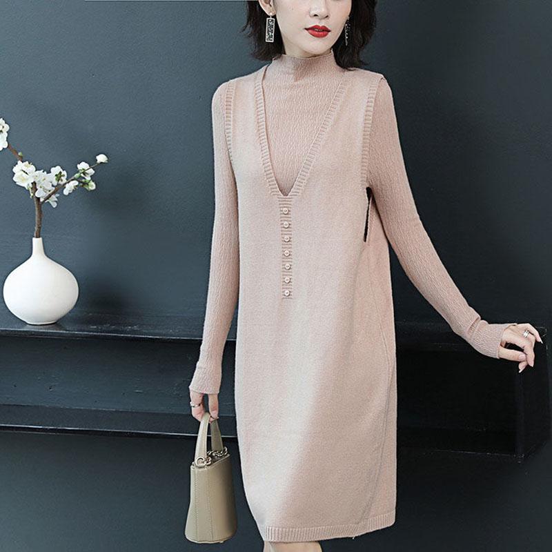 Autumn and Winter Long Sweater Vest Skirt Loose Sleeveless Knitted Dress Fashion Solid Color Female Vest Skirt