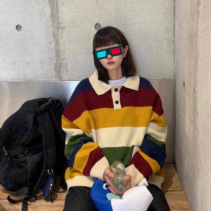 Pofulove Autumn Winter Harajuku Colorful Striped Sweater Female Loose Lazy Long-sleeved Sweater Coat