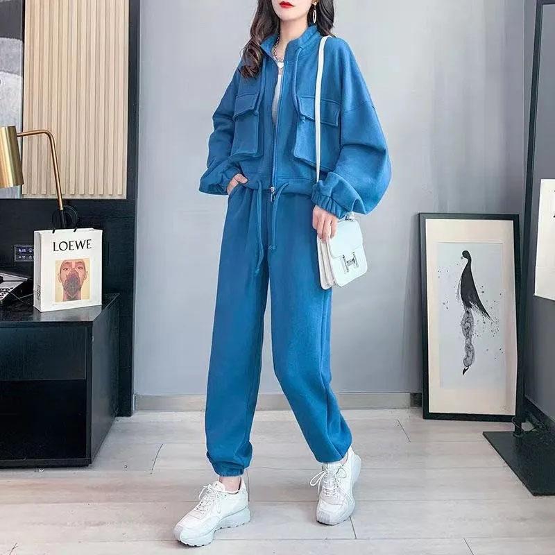 2PCS Women's Autumn Leisure Sports Sweater Suit Two-Piece Zipper Cardigan + Sweatpants Ladies Loose Fitness Clothing