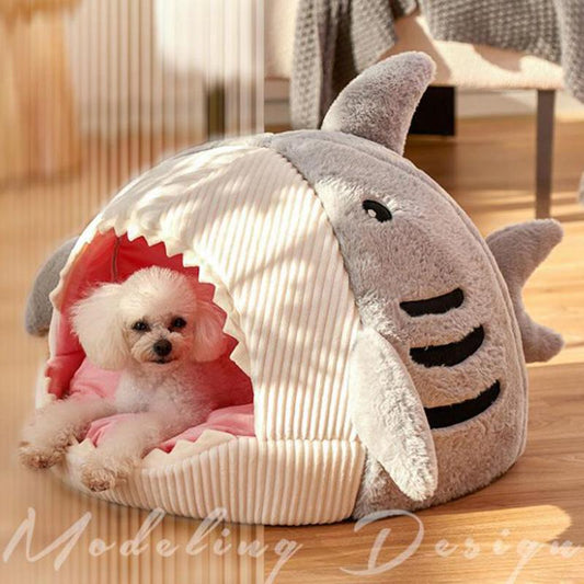 Cat Litter Winter Warm Enclosed Bed House Villa Kitten Removable and Washable Kennel Kitty Supplies Shark Mouth Doggy Cushion Basket Pet Sleeping Bed