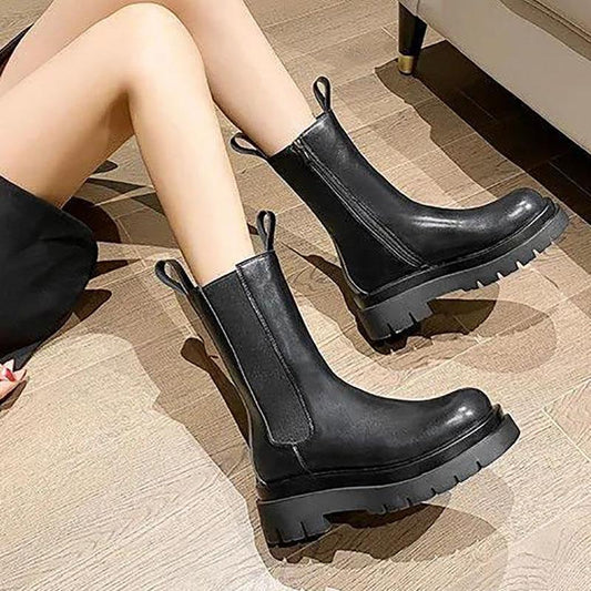 Martin Boots Women Autumn Winter Elastic Mid-tube Boots Thick-soled Boots Single Inner Side Zipper Boots Women