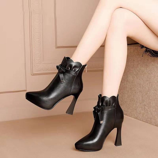 Autumn Winter Short Boots Pointed Suede High Heel Martin Boots Female Bow Stiletto Women's Booties