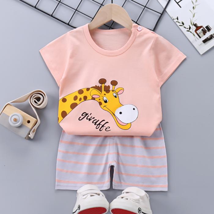 Children's Short Sleeve Suit Korean Style Boys and Girls Set Printing T-shirt + Shorts Two Piece Set