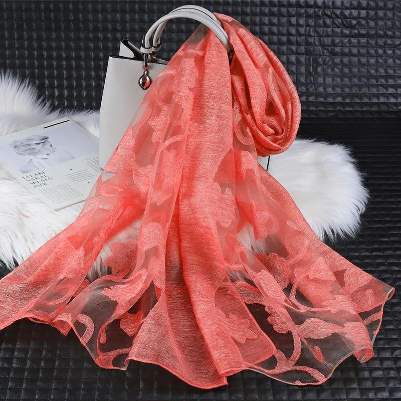 Women's Acrylic Linen Lace Silk Scarf Neck Conver Korean Scarves Long Gauze Scarf Pure Color Auspicious Cloud Embroidery Cut Flower High Quality Shawl