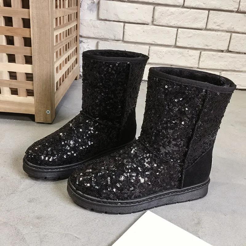 Snow Boots Women's Mid-tube Winter Korean Version of All-match Sequined Cotton Shoes Plus Velvet Warm Non-slip Boots