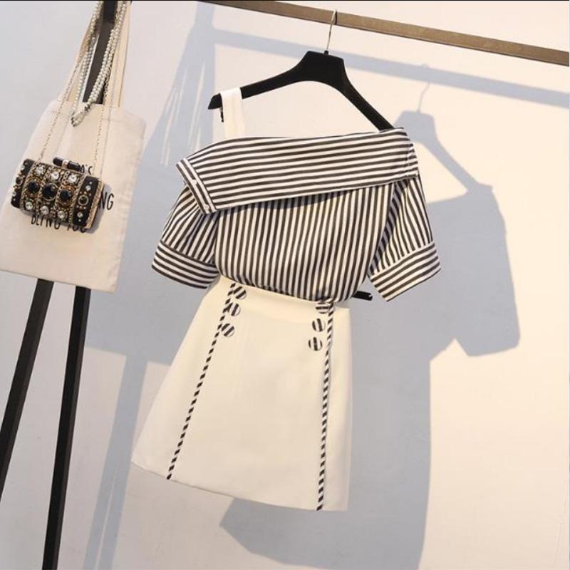 Summer Skirt Set Women Strap Off-Shoulder Striped Shirt Short Skirt Two-piece Set Fashion