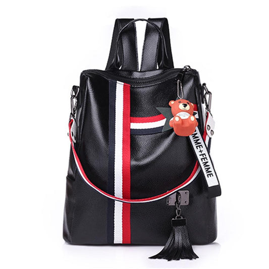 Fashion Cartoon School Bag Female PU Leather Travel Bag Gril's Stripe Pendant Backpack