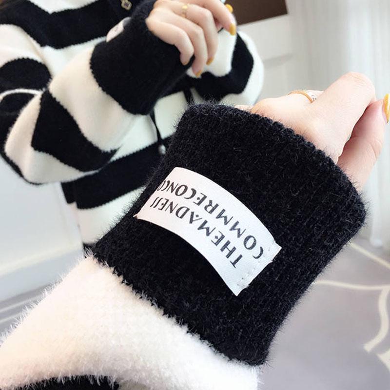 Autumn  Winter Thick Color-blocking Striped Pullover Sweater Women Imitation Mink Sweater Women Mohair Hooded Sweater Outwear