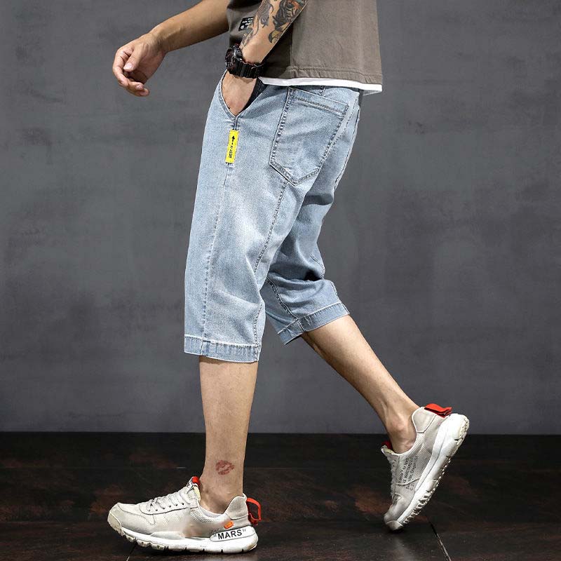 Summer Thin Denim Shorts Men's Loose Straight Leg Stretch Cropped Casual Pants