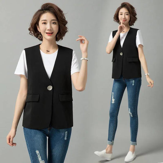 Women's Thin Suit Waistcoat Sleeveless Jacket Ladies Casual Single Button V-neck Short Suit Jacket Straight Vest Women's Suit Vest