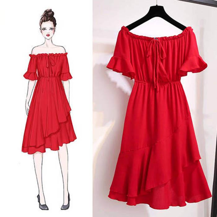 Pofulove M-4XL Women Off Shoulder Elastic Waist Red Dress Slim Sexy Short-sleeved Long A-line Dress