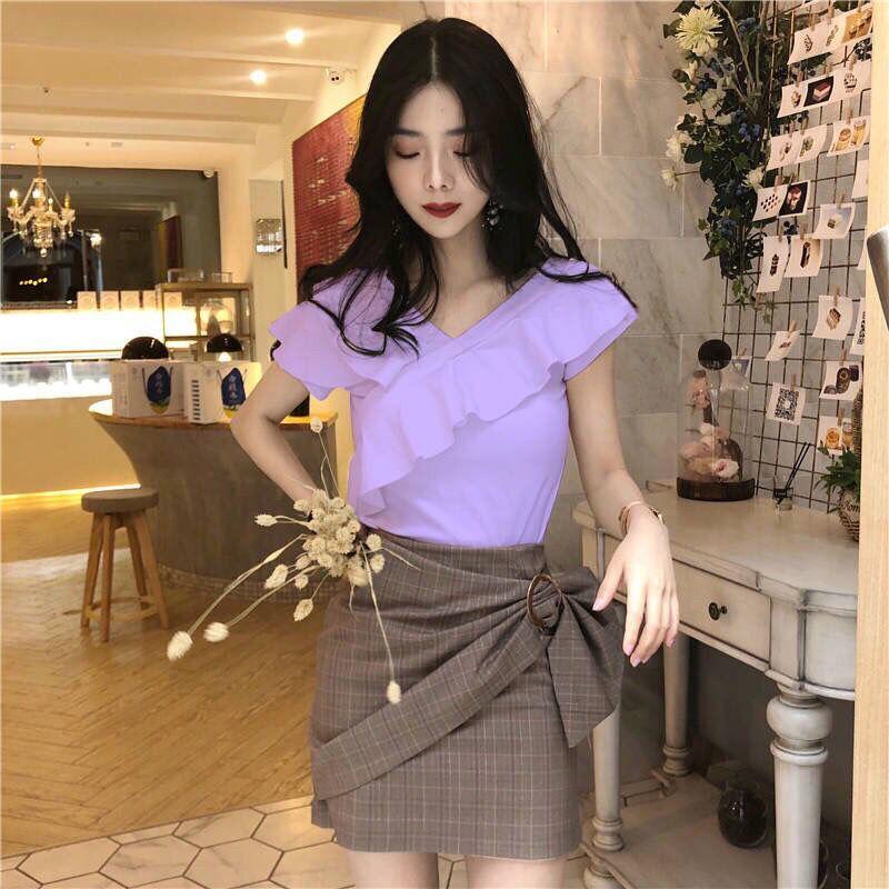 V-neck Top T-shirt Ruffled Comfortable Shirt Summer Korean Version Off Shoulder All-match Short-sleeved Tops Slim Thin Tops Women's Clothing