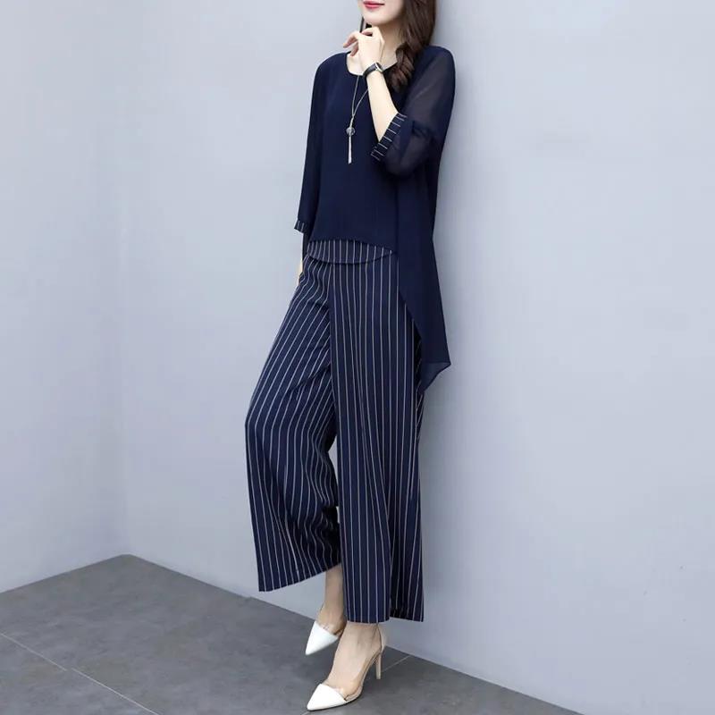 Loose Large Size Suit Covering Belly Slimming Two-piece Round Neck Shirt Loose Casual Wide-leg Pants Women Loose Slimming Chiffon Suit