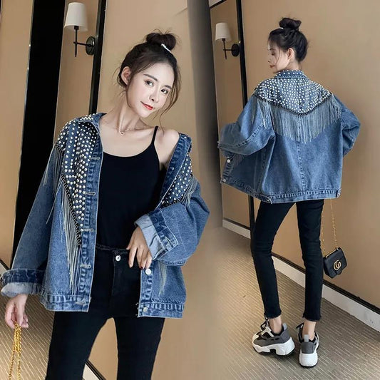 Autumn Streetwear Denim Jacket Women Hand-studded Rivet Tassel Chain Short Jeans Jacket Loose Black Coats