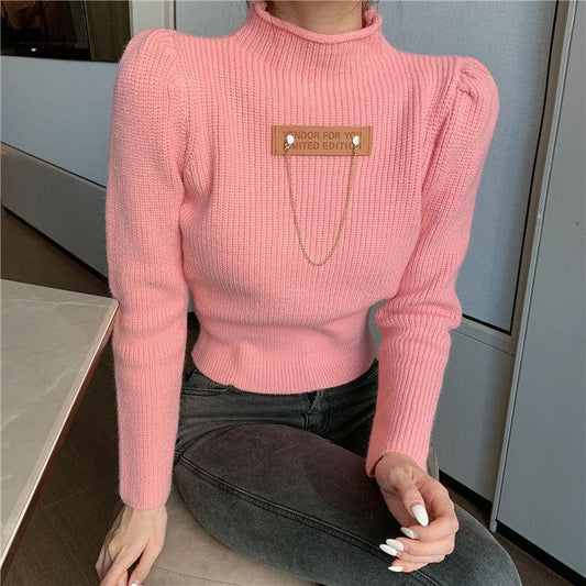 Turtleneck Sweater Women White Long Sleeve Slim Cropped Tops Autumn Winter Fashion Casual High Neck Knitted Jumper Pink Knitwear Basic Top Clothes