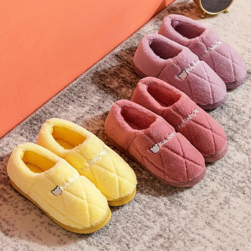 Home Slippers Thick-soled Cartoon Male Cotton Slippers Female Indoor Cute Plush Couple Cotton Slippers