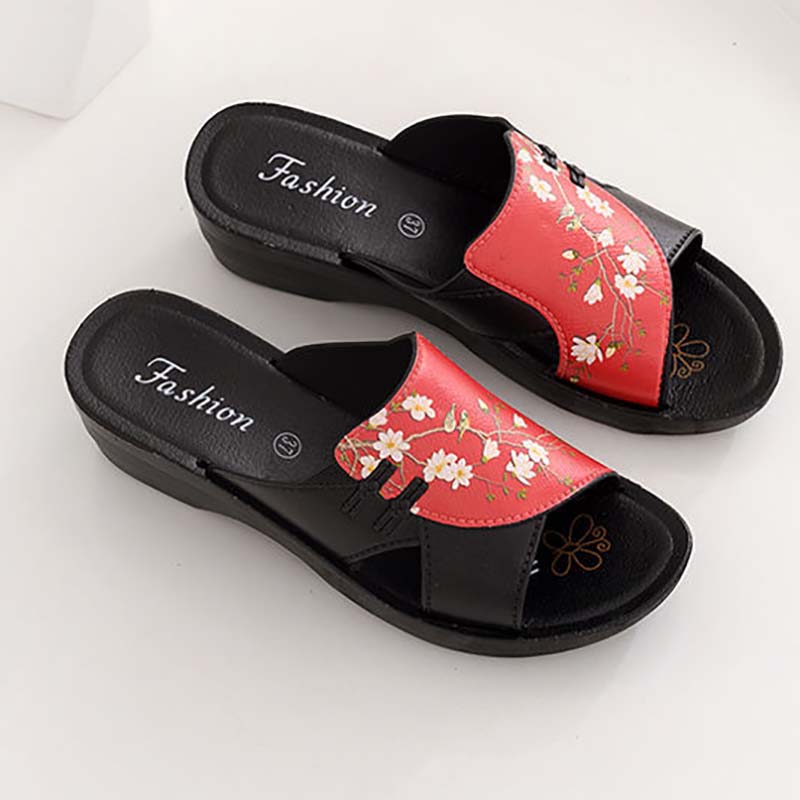 Middle-aged Elderly Mother Sandals and Slippers Thick-soled Slope-heeled Ladies Mid-heel Non-slip Comfortable Outer Wear Soft-soled Increased Sandals