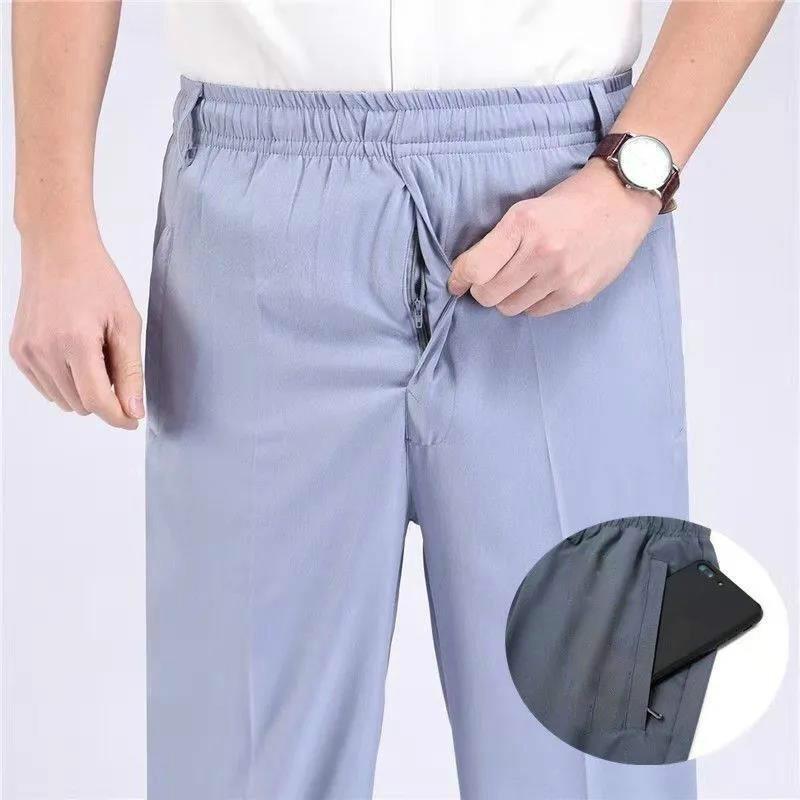 Middle-aged and Elderly Summer Thin Men's Ice Silk Elastic Loose Daddy Grandpa Plus Fat Plus Size Quick-drying Casual Trousers