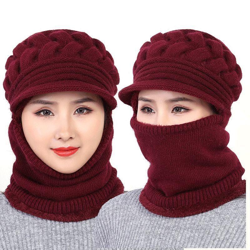 Warm Hat Women's Winter Woolen Hat with Velvet To Keep Warm Cycling Padded Bib Hat One-piece Stretch Knitted Hat