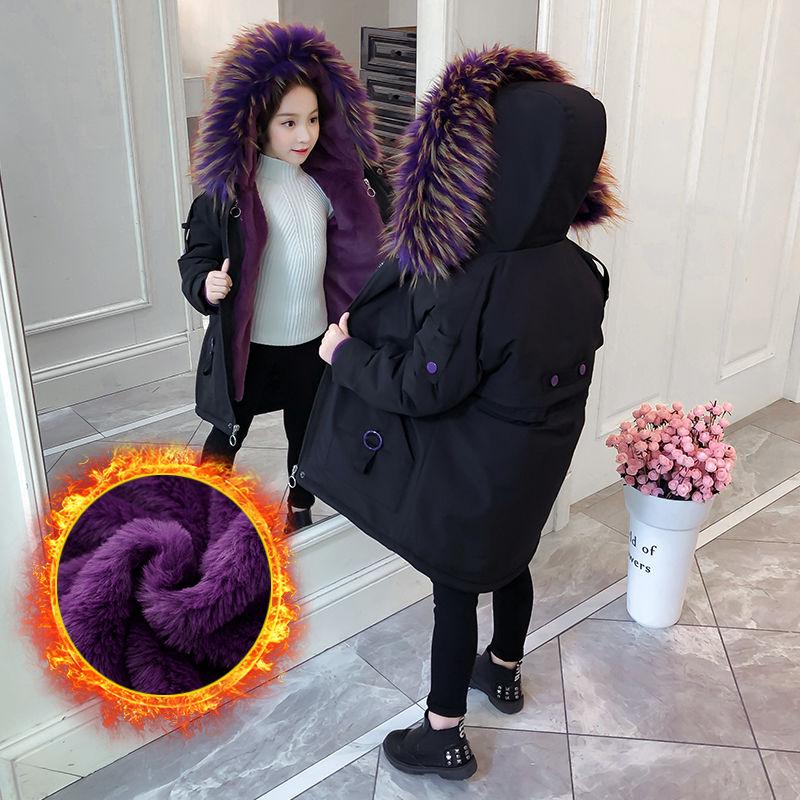 Winter Clothes Plus Cotton Padded Coat for Girls Detachable Plus Velvet Padded Coat Medium and Long Fur Collar Parka  Cotton Padded