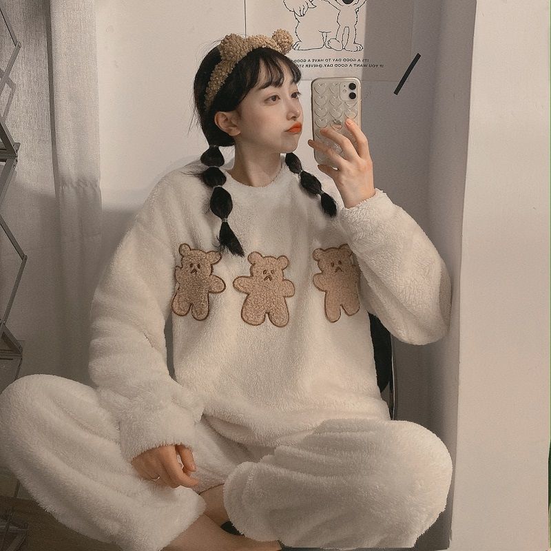 Women's Winter Thick and Velvet Korean Pajamas Suit Fashion Flannel Cartoon Outer Wear Cute Sweet Home Service