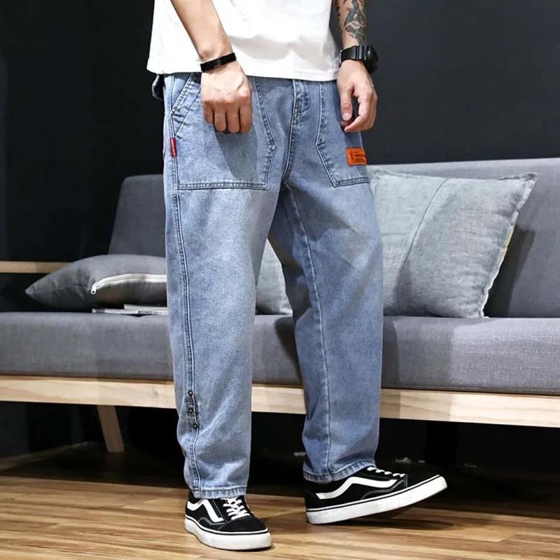 Denim Pants Men's Loose Spring and Autumn Blue Straight Tone Waist Handsome Wide-leg Large Size Casual Jeans