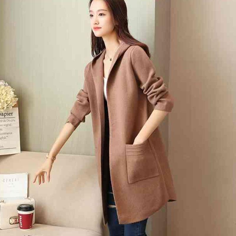 Autumn and Winter Hooded Knitted Jacket Temperament Loose Thick Coat Mid-length All-match Cardigan Female Jacket