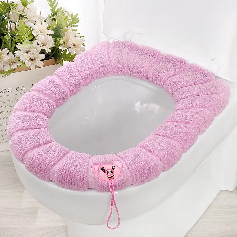 Winter Warm Toilet Seat Cover Closestool Mat 4Pcs Washable Bathroom Accessories Knitting Pure Color Soft O-shape Pad Bidet Cover